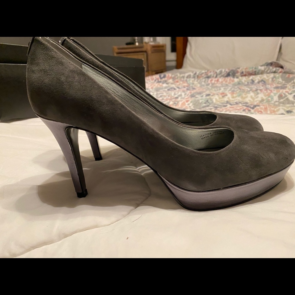 Grey Suede Tahiti platform heels with silver heel